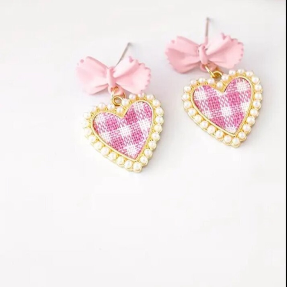 NEW Barbie Bow Earrings Pink check bow Gold Stud dangle coquette bow jewelry NWT